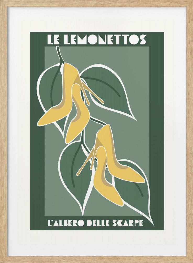 A vintage Art Deco style poster titled 'Le Lemonettos' with 'L'Albero Delle Scarpe' at the bottom. The illustration features yellow high-heeled shoes growing like fruit from a stylized plant with large green leaves against a sage green background. Wall Art