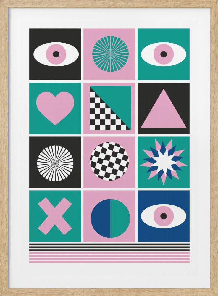 A modern abstract art print featuring a grid of twelve squares with a color palette of pink, teal, black, and white. Each square contains a unique geometric design, including stylized eyes, a heart, checkerboard patterns, and starburst shapes, all above a set of horizontal stripes. Print