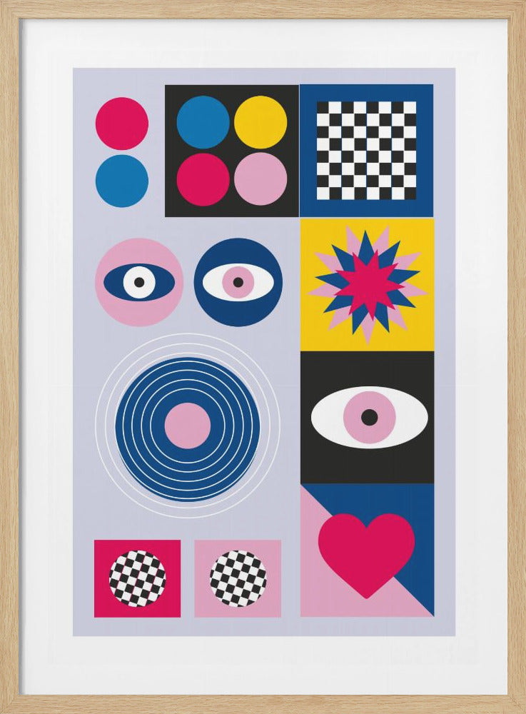 A modern abstract art print in a black frame, featuring a grid of colorful geometric shapes and symbols on a light blue background. The composition includes pink, blue, and yellow circles, a black and white checkerboard pattern, stylized eyes, concentric rings, a starburst, and a large pink heart. Wall Art