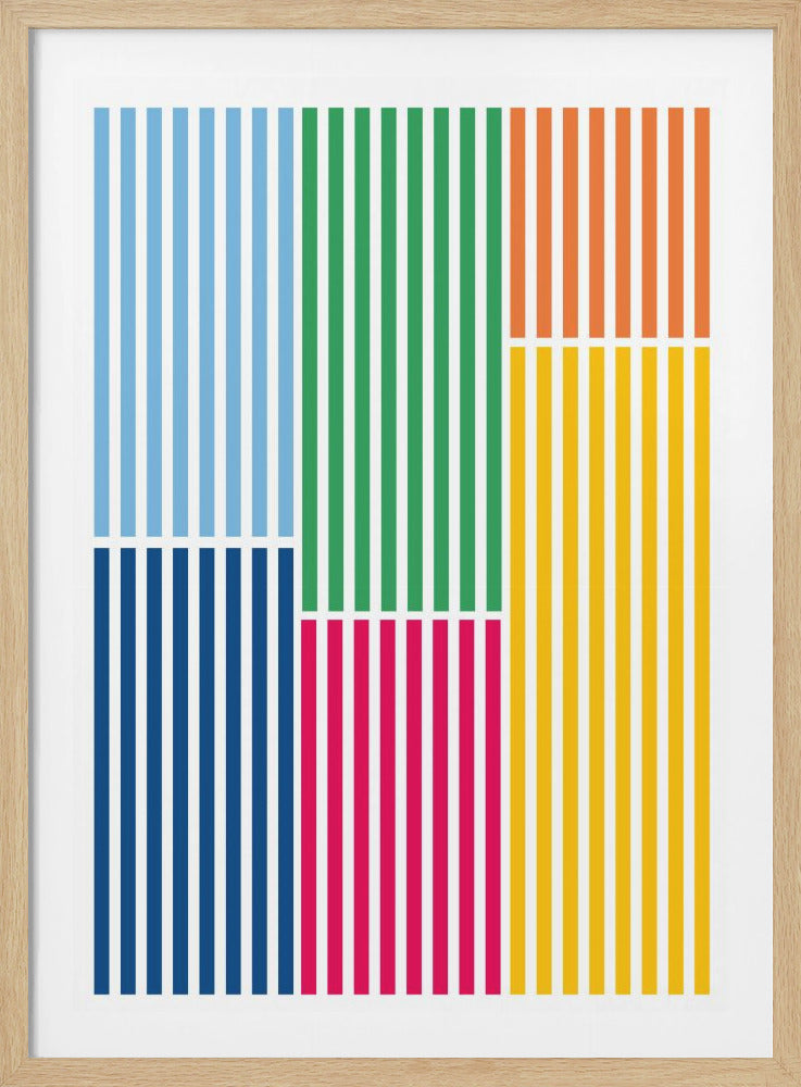 A framed modern art piece featuring a color block design with vertical stripes. The composition is divided into sections of light blue, dark blue, green, magenta, orange, and yellow stripes against a white background, creating a vibrant geometric pattern. Decor