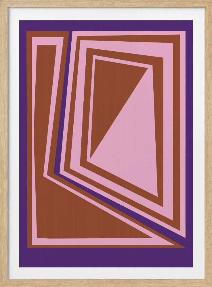 A framed abstract art piece featuring a hard-edge geometric design with nested, angular shapes in brown and pink, accented with purple lines, creating a sense of skewed perspective. Artwork