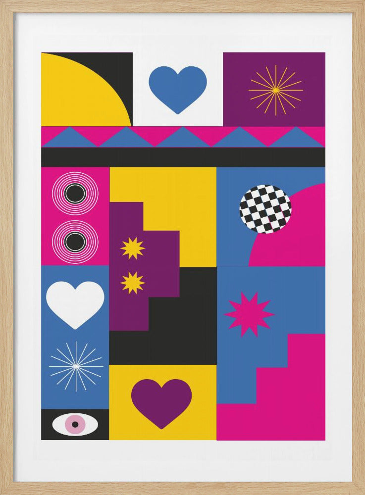 A framed abstract art print featuring a colorful collage of geometric shapes and symbols. The composition is divided into blocks of blue, yellow, magenta, and purple, with accents of black and white. Various motifs are scattered throughout, including hearts, stars, a checkerboard circle, an eye, and concentric circles. Poster