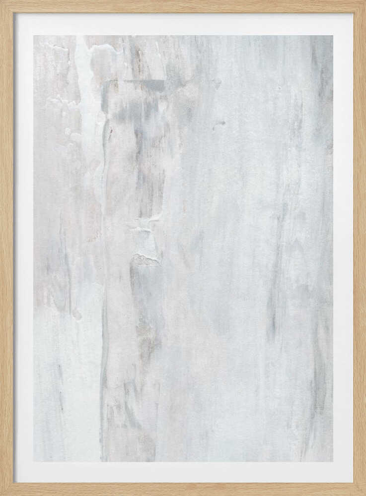 Abstract painting with textured white and grey vertical strokes, creating a distressed, minimalist look.