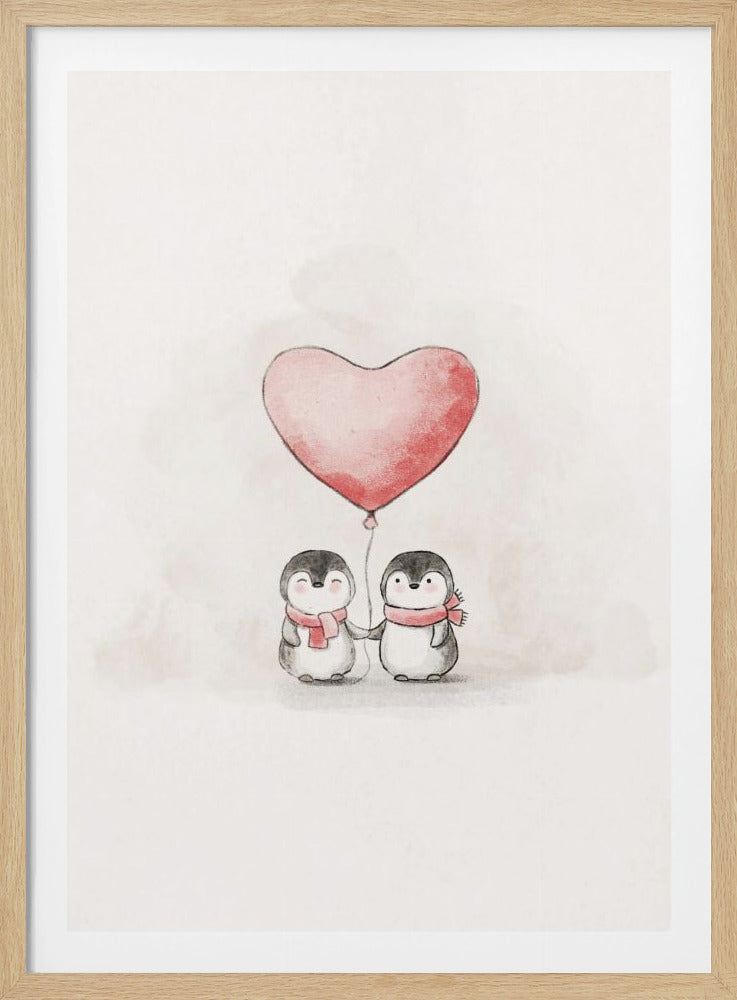 A watercolor illustration of two cute penguins standing side-by-side and holding flippers. They are both wearing red scarves and one is holding the string to a large, red, heart-shaped balloon floating above them. The background is a soft, off-white texture, and the art is displayed in a thin black frame. Artwork