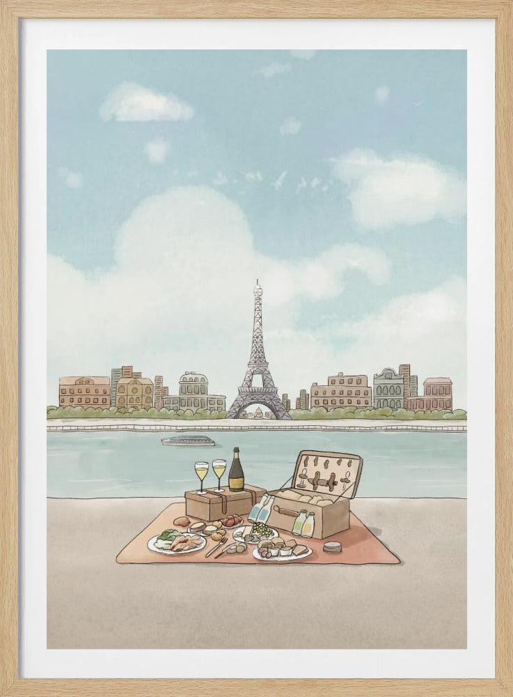 A charming illustration of a romantic picnic on the banks of the Seine river in Paris, with a full spread of food and wine on a blanket, overlooking the city skyline and the Eiffel Tower under a cloudy blue sky. Print
