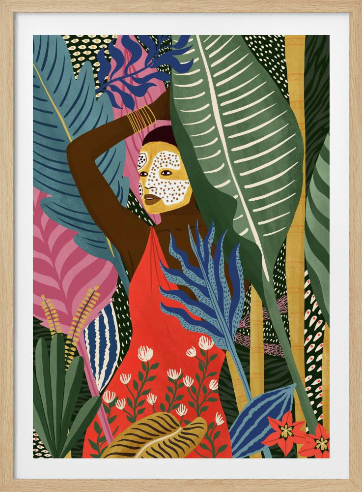 A vibrant, stylized illustration of a dark-skinned woman with a yellow and white patterned face mask, standing amidst a lush jungle. She wears a bright red dress and is surrounded by large, colorful tropical leaves in shades of green, blue, and pink. Artwork