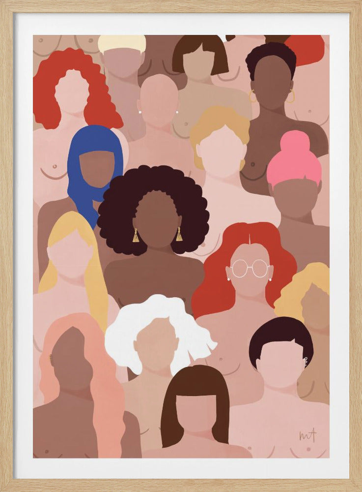 A framed illustration of a diverse group of faceless women standing together. They have various skin tones and hairstyles in different colors like red, blue, pink, and blonde. The minimalist artwork celebrates female unity and diversity against a muted pink background. Print