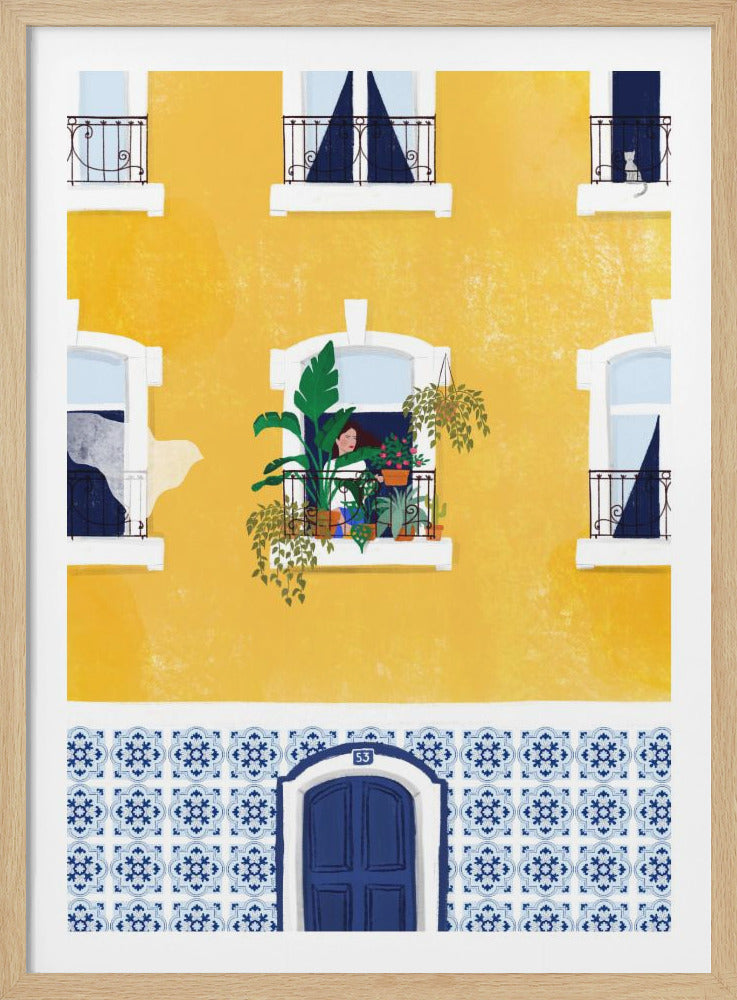 An illustration of a vibrant yellow apartment building facade with blue and white Portuguese tiles at the base. A woman tends to her many green plants on a balcony, while a white cat sits in a nearby window. The building features white-trimmed windows, black iron railings, and a dark blue arched door. Poster