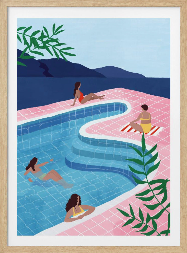 A vibrant illustration of four women enjoying a sunny day by a uniquely shaped swimming pool. The pool is surrounded by pink tiles, with a view of a deep blue sea and mountains in the background, all framed by lush green leaves. Artwork