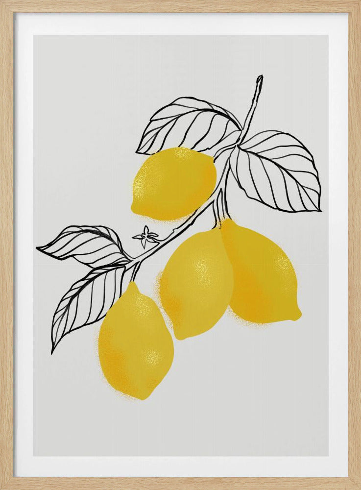 A minimalist illustration of a lemon branch with four bright yellow lemons against a white background. The leaves and branch are drawn in a clean, black line art style, creating a modern and fresh look. Decor
