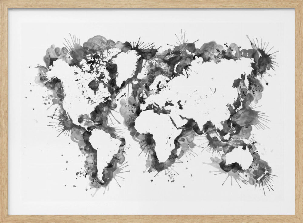 An abstract black and white world map created with ink splatters and watercolor washes on a white background, enclosed in a silver frame. The continents are formed by the negative space, outlined by the dynamic splatters of black and grey ink. Print