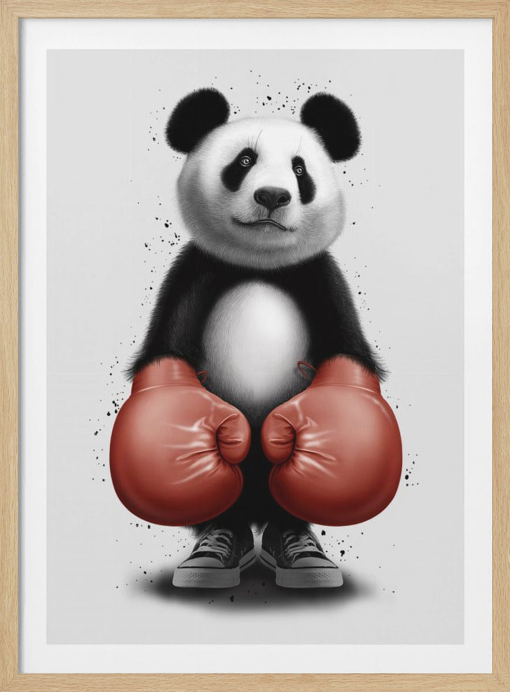 A whimsical illustration of a panda bear standing upright, wearing large red boxing gloves and black sneakers. The panda looks directly at the viewer with a gentle expression against a white background with black paint splatters. Decor