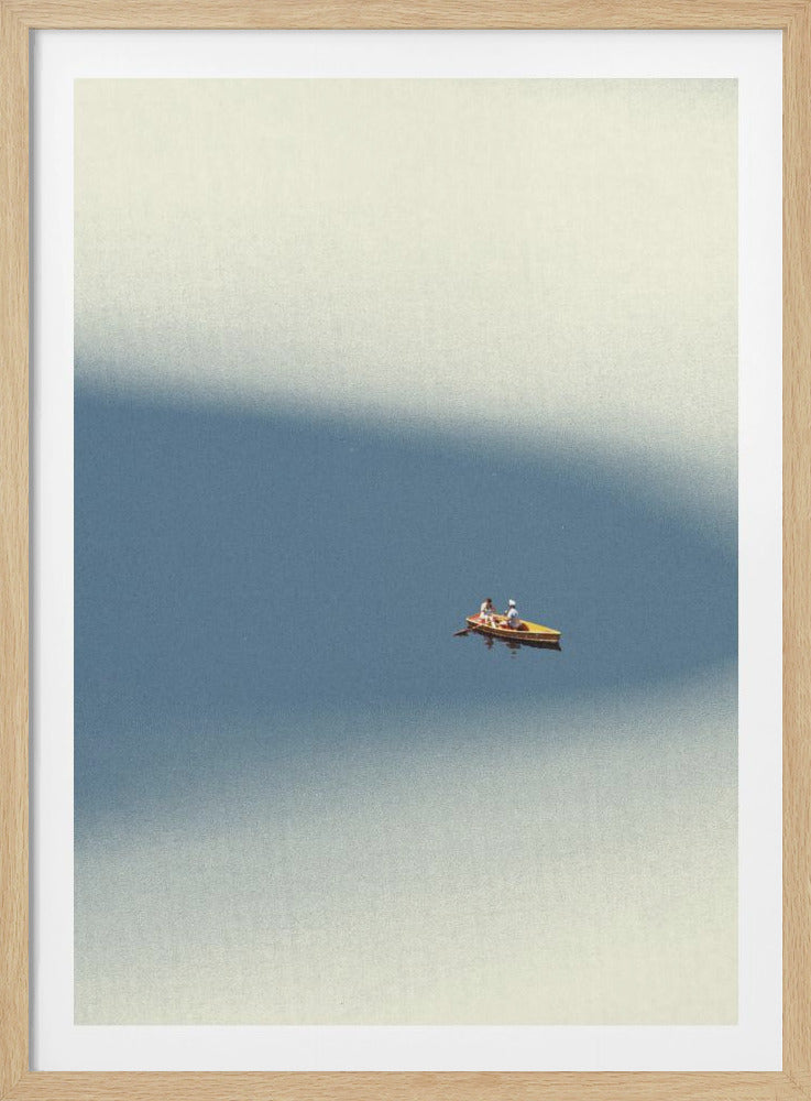 A minimalist, grainy photograph of two people in a small yellow boat on a vast, calm expanse of water. The scene is dominated by a blue and beige color gradient, creating a serene and isolated atmosphere, and is contained within a thin black frame. Poster