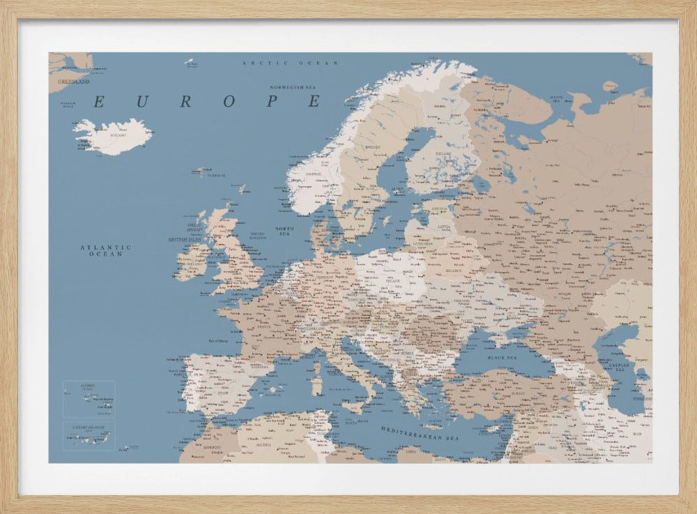 A detailed, framed map of Europe with a muted color palette. The oceans and seas are a soft blue, while the countries are various shades of beige and tan. Text labels for countries, cities, and bodies of water are clearly visible across the map. The map is housed in a simple silver-gray frame. Poster