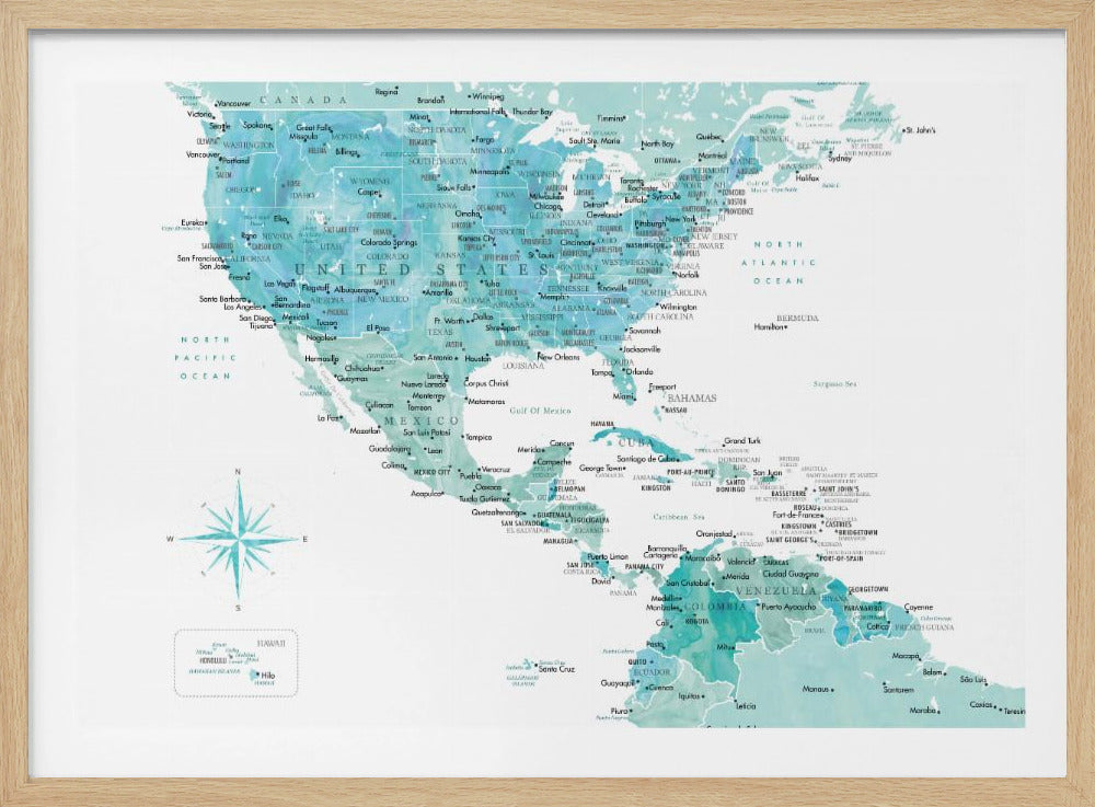 A decorative map of North, Central, and South America in a grey frame. The map has a watercolor texture in shades of blue and teal on a white background, with countries and major cities labeled in a dark font. Print