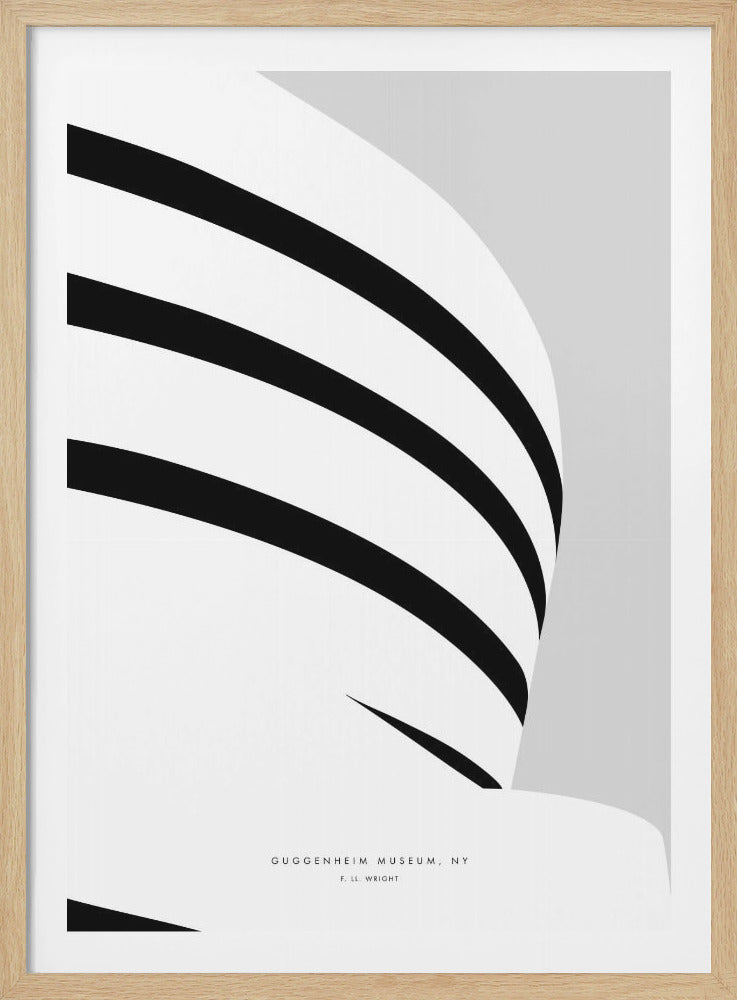 A minimalist black and white art print featuring a close-up, graphic representation of the Guggenheim Museum's curved architecture. Bold black stripes wrap around the white building against a light grey background, with text at the bottom reading 'GUGGENHEIM MUSEUM, NY F. LL. WRIGHT'. The print is enclosed in a simple black frame. Wall Art