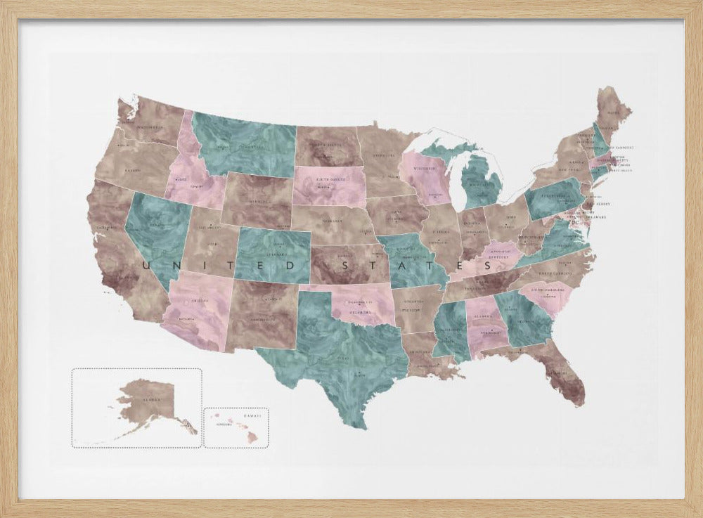 A stylized map of the United States in a silver frame. The states are colored with a marbled texture in alternating shades of muted brown, dusty pink, and teal. Each state is labeled, and the words 'UNITED STATES' are spaced across the country. Insets for Alaska and Hawaii are in the bottom left corner. Artwork