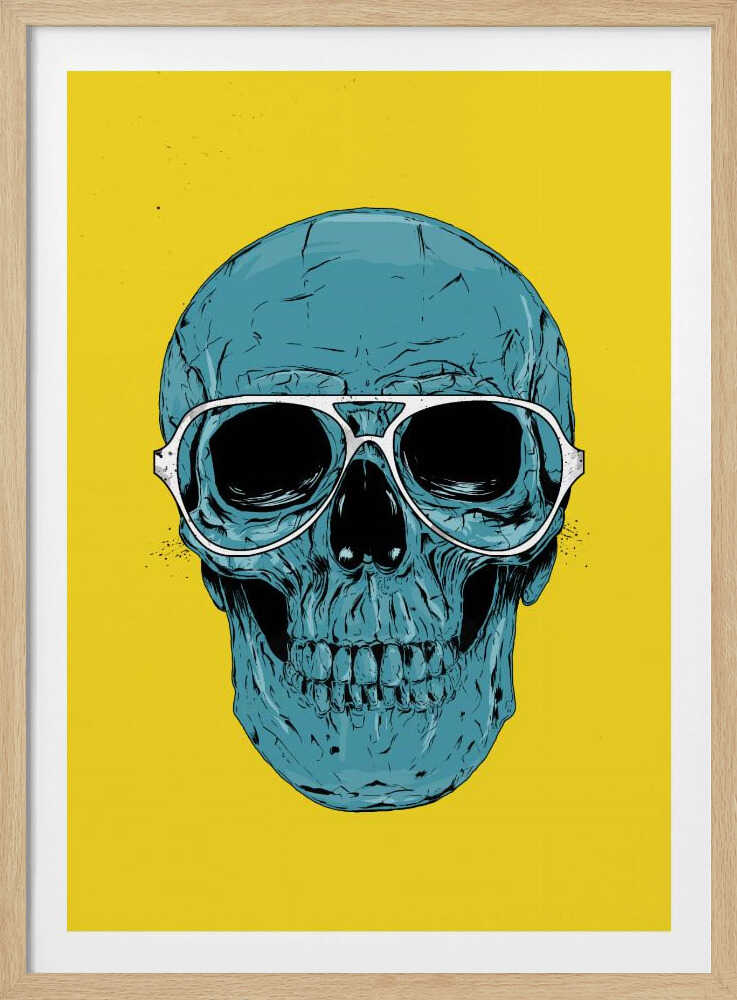A pop art illustration of a blue human skull wearing white-framed glasses against a solid yellow background, enclosed in a black frame. Wall Art