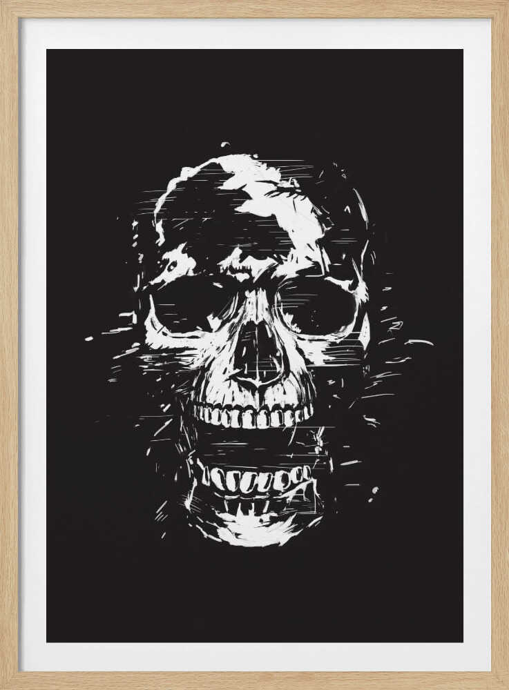 A high-contrast black and white illustration of a human skull with its mouth open. The image is rendered in a rough, distressed, and sketchy style with glitch-like horizontal lines and splatters, all set against a solid black background and enclosed in a thin black frame. Wall Art