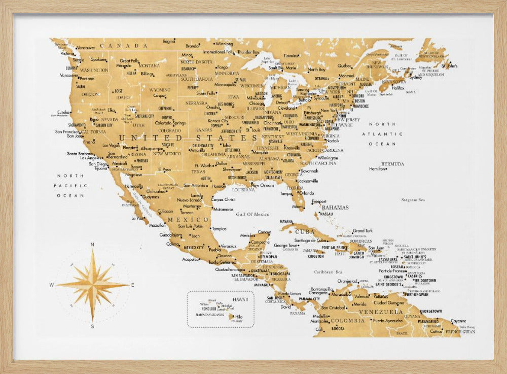 A stylized map of North and Central America and the Caribbean, featuring gold-colored landmasses on a light gray, textured background. Countries, states, and major cities are labeled in black text. A compass rose is shown in the lower-left corner. The entire map is enclosed in a light gray frame. Decor