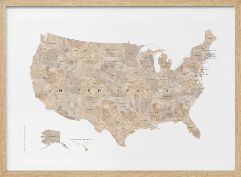 A framed map of the United States with a textured, marbled design in shades of brown and tan. Each state is outlined and labeled, and the words 'UNITED STATES' are displayed across the center. Alaska and Hawaii are shown in separate insets. The map is set against a white background and enclosed in a light gray frame. Artwork