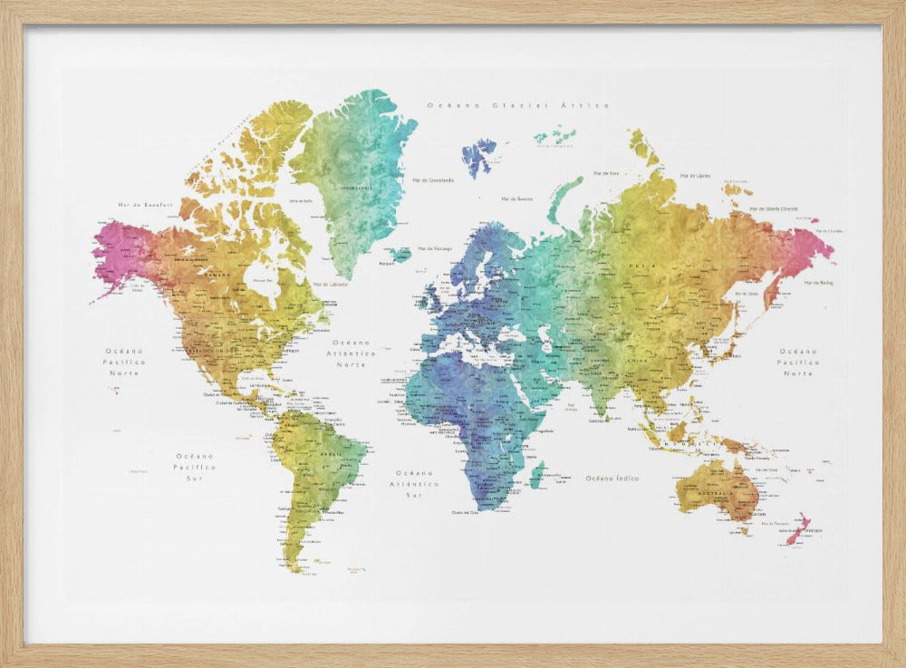 A colorful world map with a watercolor texture, framed in a light gray frame. The continents are shaded with a rainbow gradient, transitioning from pink and orange on the left to yellow, green, and blue in the center, and back to yellow and orange on the right. The oceans are white, and the map features geographical labels in Spanish. Wall Art