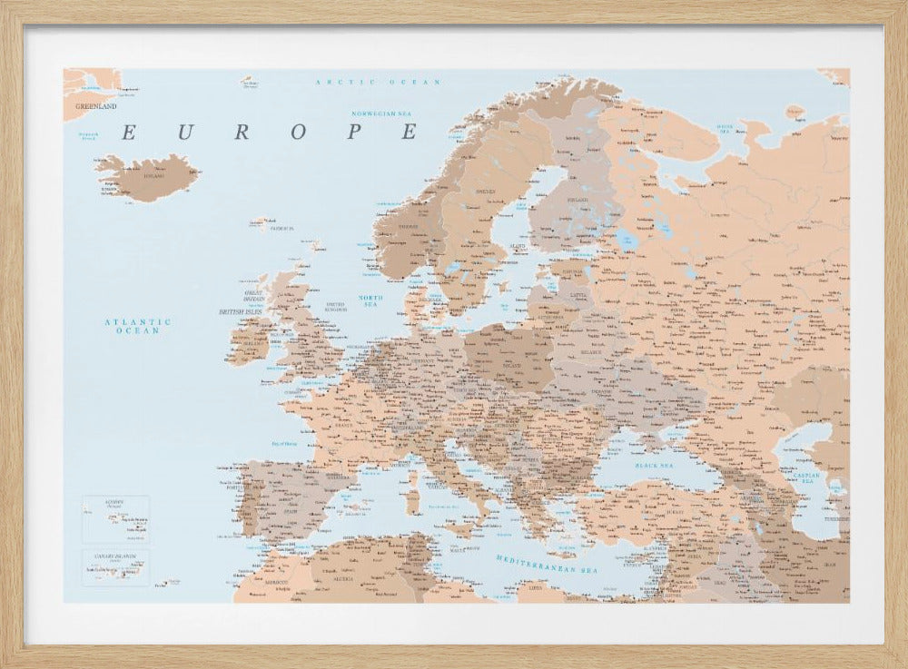 A detailed political map of Europe with countries and cities labeled, presented in a muted color palette of beige and brown for land and light blue for water, all within a light gray frame. Decor