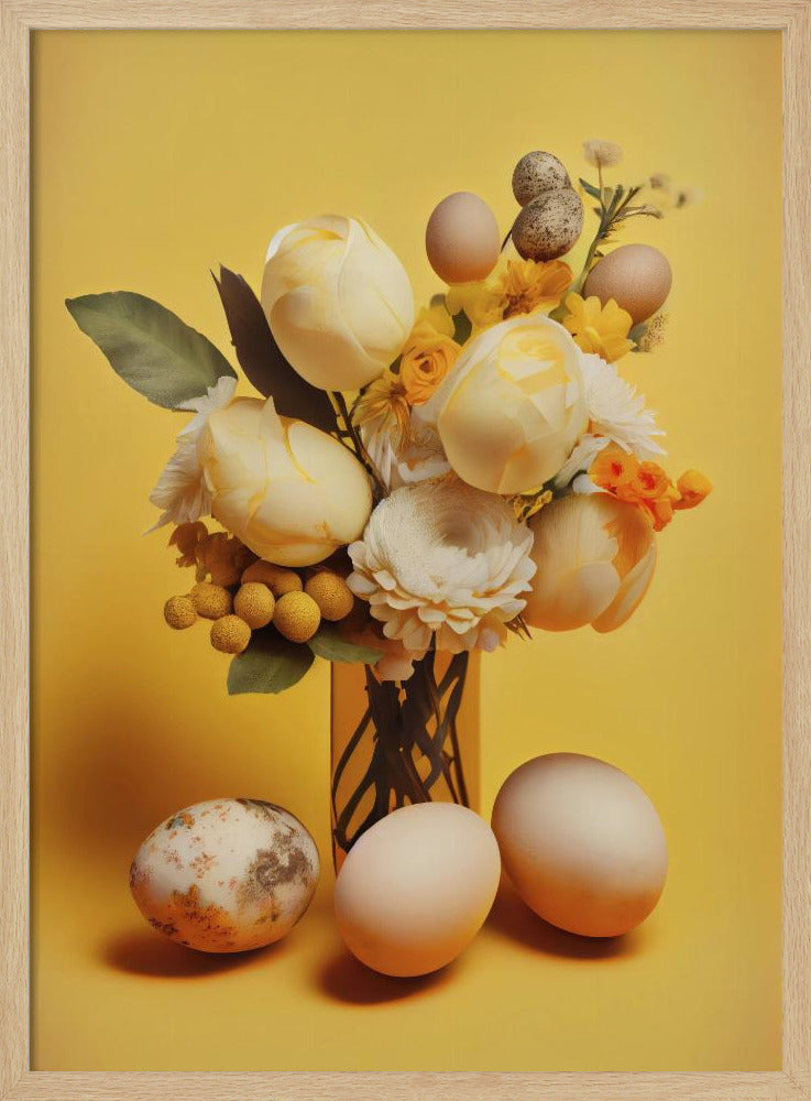 A still life composition featuring a bouquet of pale yellow and white flowers, including tulips and ranunculus, against a bright yellow background. Several plain and speckled eggs are artfully arranged within the bouquet and on the surface in front of the vase, creating a strong Easter or spring theme. Poster