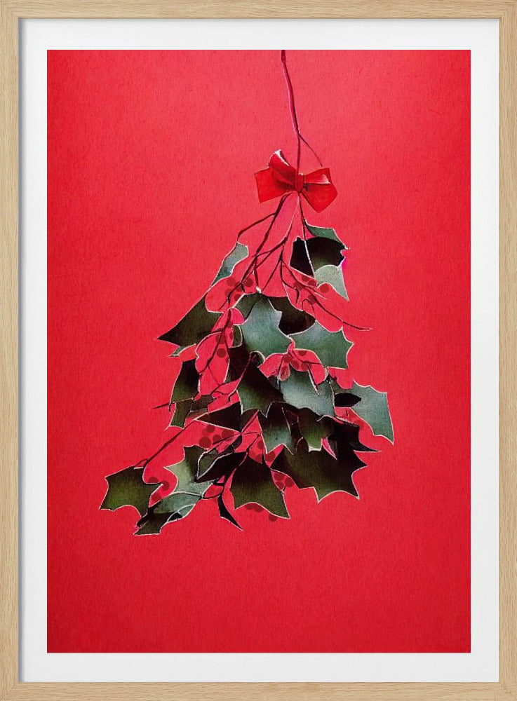 A festive illustration of a bunch of green holly with red berries hanging upside down, tied with a small red bow. The artwork is set against a solid, bright red background and enclosed in a thin black frame. Print