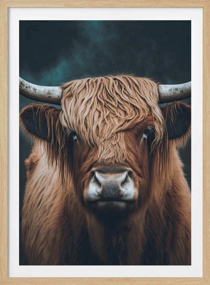 A dramatic, close-up portrait of a Scottish Highland cow with shaggy brown and blonde fur, large curved horns, looking directly at the viewer against a dark, moody blue-green background. Poster