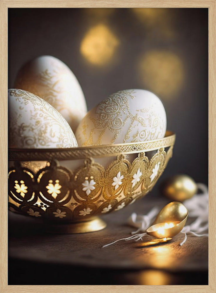 An elegant close-up of cream-colored eggs with intricate gold filigree patterns resting in an ornate, perforated gold bowl. The bowl features small white flower details and sits on a dark wooden surface, with a small glowing golden spoon nearby, creating a warm, festive atmosphere. Artwork