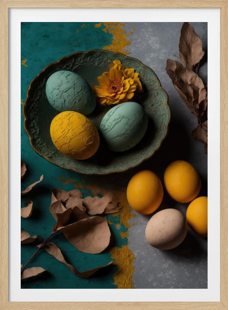 An artistic still life photograph featuring colored eggs arranged on a dual-tone teal and grey surface. A rustic teal bowl holds two textured teal eggs, one yellow egg, and a yellow flower. Four more eggs and scattered dried brown leaves are arranged outside the bowl. Artwork