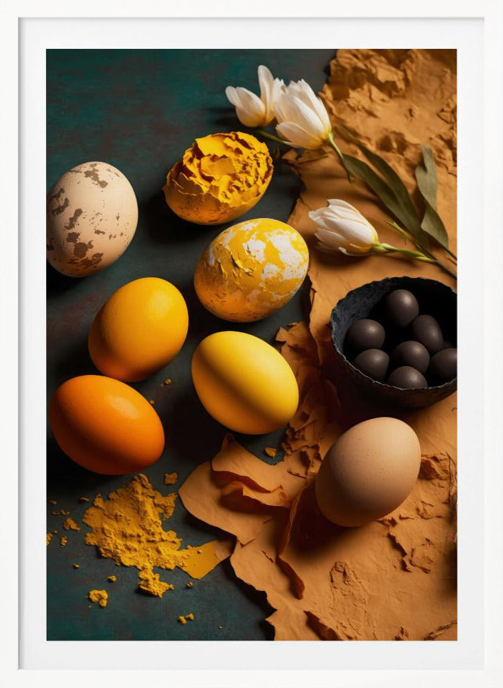 An artistic top-down still life composition featuring a variety of eggs in shades of yellow, orange, and speckled white on a dark surface with crinkled brown paper. Some eggs are cracked open, revealing a thick yellow texture. A small dark bowl holds several small, dark brown eggs, and a few white tulips lay beside them. Poster