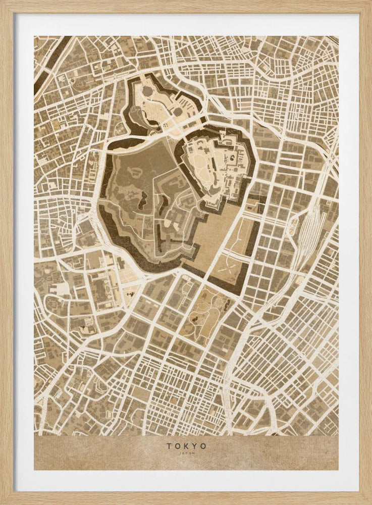 A vintage-style, framed map of Tokyo, Japan, in shades of brown and beige. The map showcases the city's intricate street grid with a focus on a central fortified area, likely the Imperial Palace. The words 'TOKYO' and 'JAPAN' are written at the bottom. Print