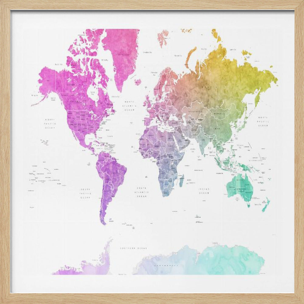 A framed art print of a world map featuring a colorful watercolor effect. The continents are painted in a rainbow gradient, transitioning from pink and purple in the Americas to yellow, green, and teal across Europe, Asia, Australia, and Antarctica, all set against a clean white background. Print