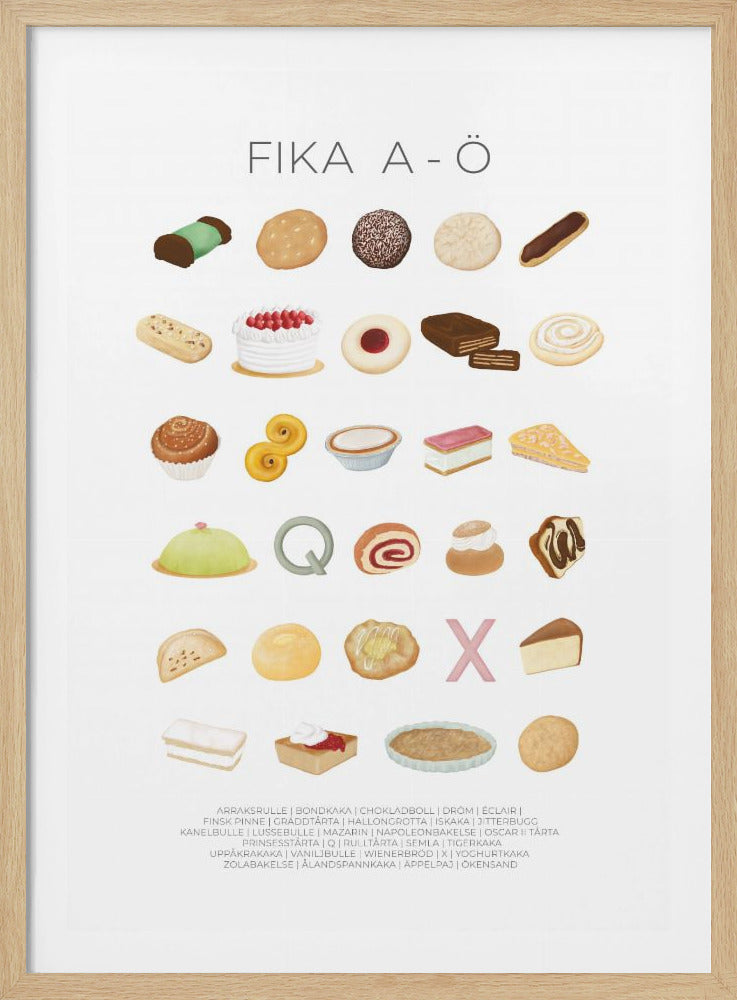 A framed poster titled 'FIKA A - Ö' featuring an alphabet of illustrated Swedish pastries. Each letter from A to Ö is represented by a colorful illustration of a classic Swedish fika treat, such as a cinnamon bun, princess cake, and chocolate ball, all arranged in a grid on a white background. A key at the bottom lists the names of all the baked goods. Wall Art