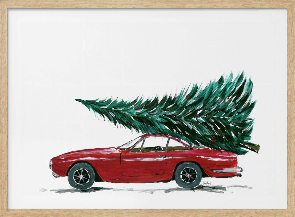A festive painting of a vintage red sports car with a large green Christmas tree tied to its roof. The car is depicted in profile against a plain white background, and the artwork is displayed in a simple silver frame. Decor