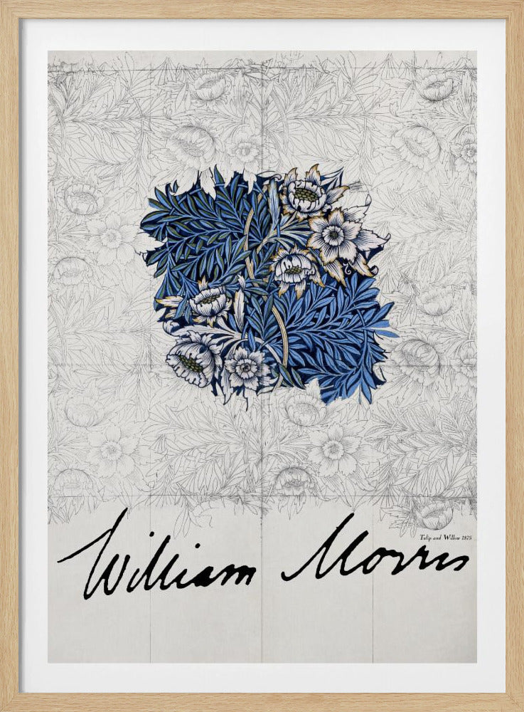 A framed vintage art print by William Morris. The artwork showcases a central colored sample of an intricate blue, white, and gold floral and foliage pattern, laid over a faint grayscale sketch of a similar repeating design. Below, the artist's name 'William Morris' is written in a large, black, cursive script. Print