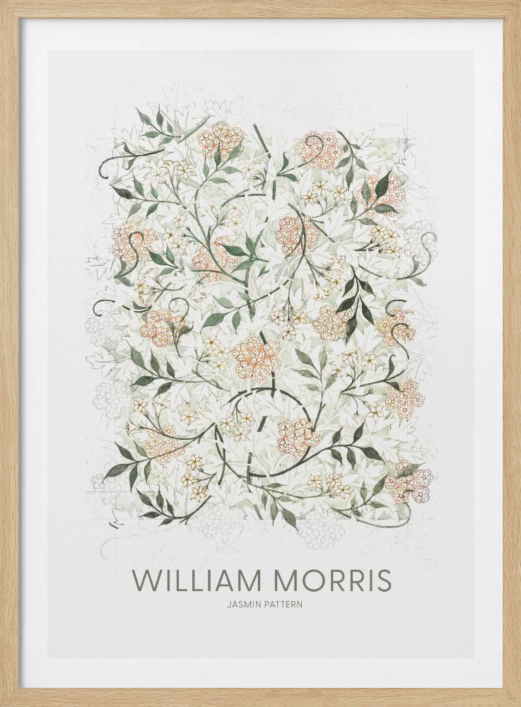 A framed art print of the 'Jasmin Pattern' by William Morris. The image features a dense botanical design with intertwining green vines, leaves, and clusters of small pink and white flowers on an off-white background. The text 'WILLIAM MORRIS' and 'JASMIN PATTERN' is at the bottom. Artwork