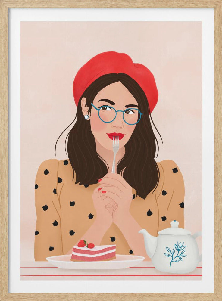 An illustration of a stylish woman with brown hair, a red beret, and blue glasses, about to eat a slice of strawberry cake. She sits at a table with a white teapot, wearing a yellow polka dot top, and looks thoughtfully to the side. Decor