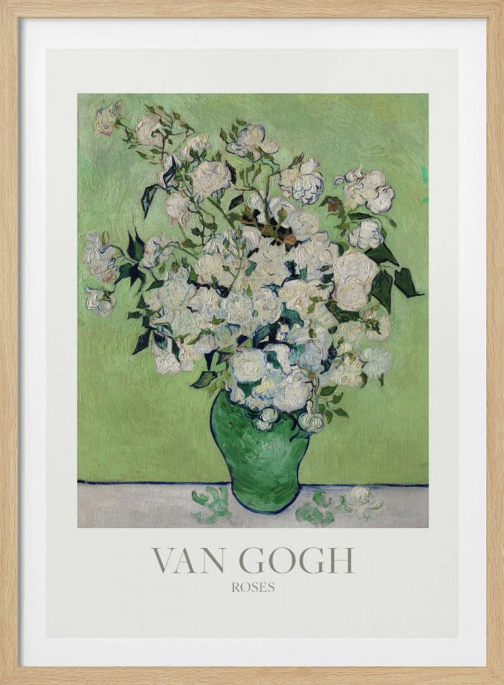 A framed art print of Vincent van Gogh's painting 'Roses'. It features a lush bouquet of white roses with green leaves in a green vase, set against a light green background. The impressionist style is evident in the thick, visible brushstrokes. The print has a white mat with the text 'VAN GOGH' and 'ROSES' at the bottom. Wall Art