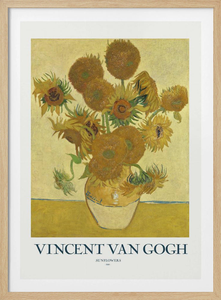 A poster of Vincent van Gogh's 'Sunflowers' painting, featuring a yellow vase with sunflowers against a yellow background. The poster has a white border with the text 'VINCENT VAN GOGH' and is set in a black frame. Poster