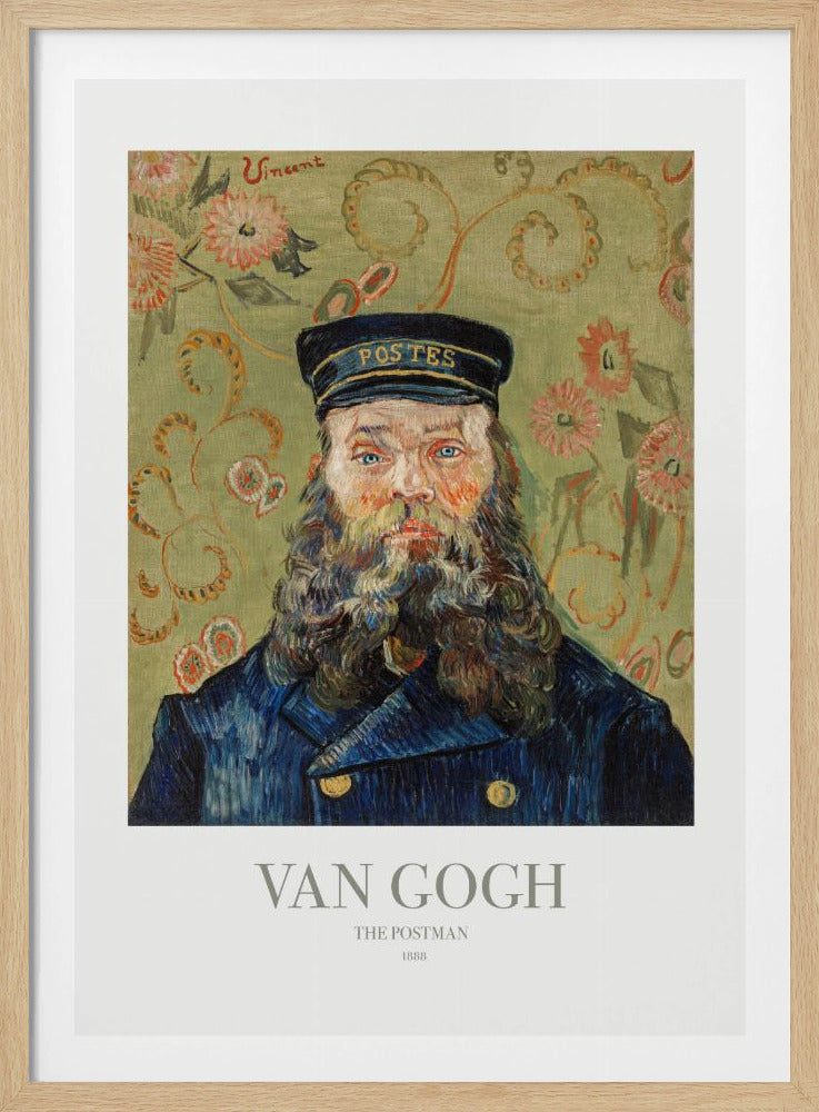A framed art print of Vincent van Gogh's painting 'The Postman' from 1888. The portrait shows a man with a thick, wavy beard and blue eyes, wearing a dark blue postman's uniform and cap. The background is a decorative light green with a swirling floral pattern. Poster