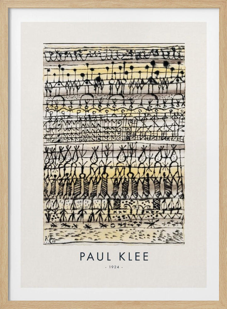 A framed art print of Paul Klee's 1924 abstract work, featuring horizontal rows of intricate, hieroglyphic-like black ink symbols and figures on a textured cream and pale yellow background. The artist's name and the year are printed below the artwork. Print