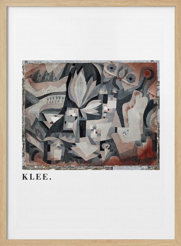 A framed art print of an abstract painting by Paul Klee. The complex composition features geometric and biomorphic shapes in a muted palette of gray, brown, and terracotta. Below the artwork, on a white mat, the name 'KLEE.' is printed in a black serif font. Decor