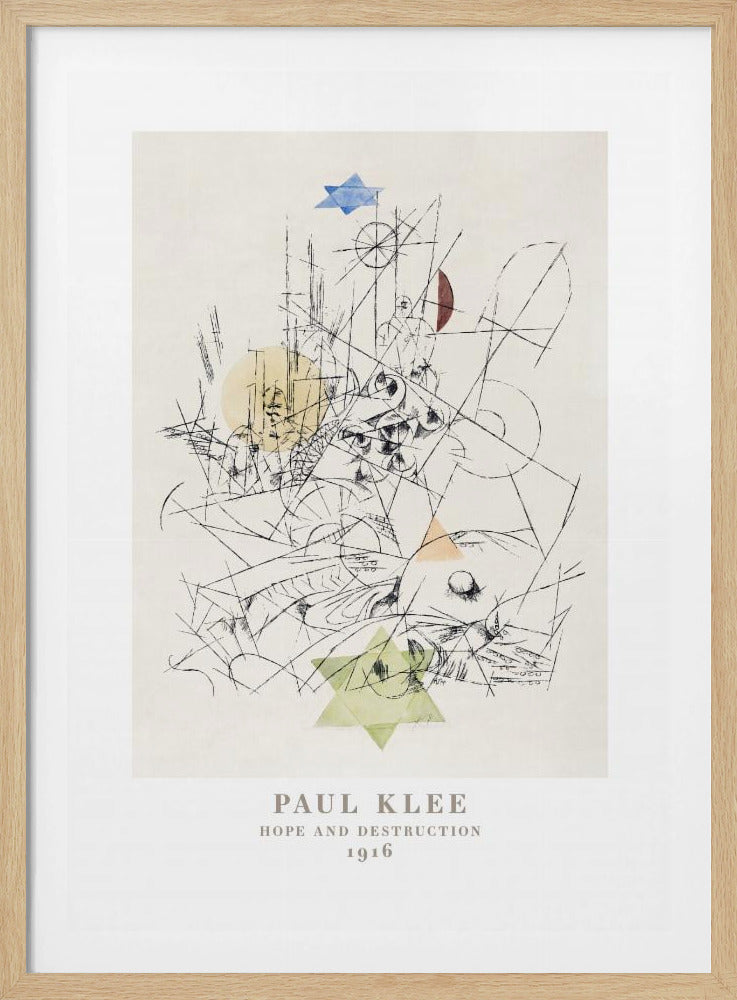 A framed art print of Paul Klee's 1916 work, 'Hope and Destruction.' The artwork is a complex abstract composition with a tangle of black lines on a cream background, featuring colored geometric shapes like a blue and a green Star of David, and circles in yellow and red. Poster