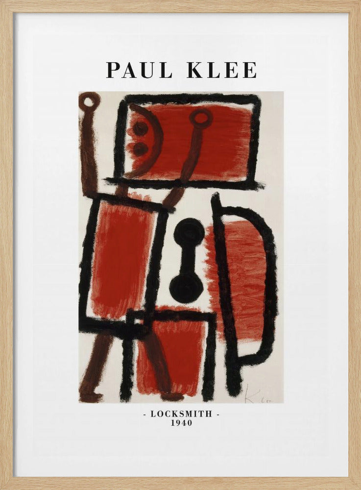 A framed art print of Paul Klee's 1940 painting 'Locksmith'. The abstract artwork features a composition of thick black lines and blocks of red and brown paint on a cream background, resembling a figure. The poster includes the text 'PAUL KLEE' at the top and '- LOCKSMITH - 1940' at the bottom. Artwork