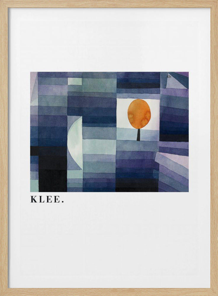 A framed art print of a Paul Klee painting featuring a geometric composition of rectangles in various shades of blue and purple. A single, stylized orange tree with a round top stands out against a white square. The artist's name, 'KLEE.', is printed in the lower left corner on the white mat. Decor