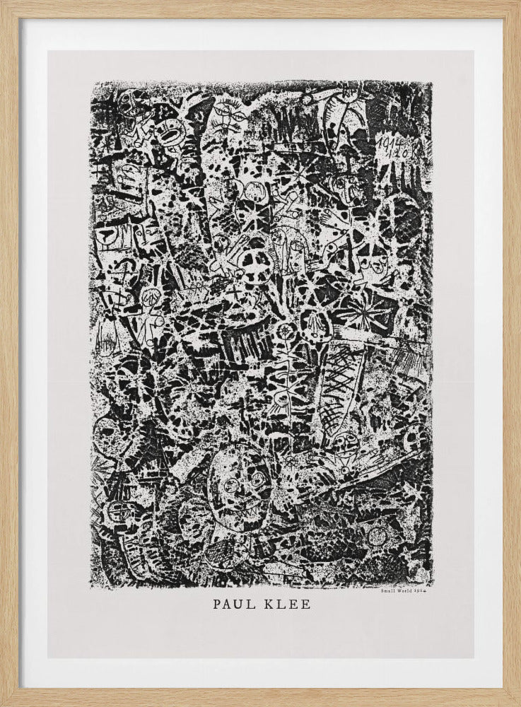A black and white abstract print by Paul Klee titled 'Small World'. The vertical artwork is a dense, chaotic mix of small, primitive-style figures, faces, and symbols, creating a highly textured and intricate composition. The artist's name is printed below the artwork. Artwork