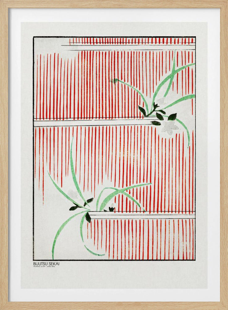 A Japanese woodblock print featuring delicate green leaves and white flowers set against a bold background of vertical red stripes on a white canvas. The artwork is framed in black and has Japanese text in the lower-left corner. Wall Art